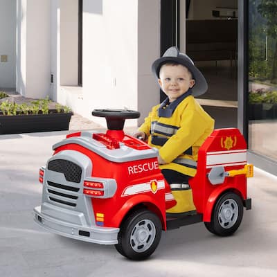Red 12V Dual Motor Car Kids Ride-On Fire Truck with Flashing Lights and Siren Music Horn - 33.9" L x 19.3" W x 20.5" H