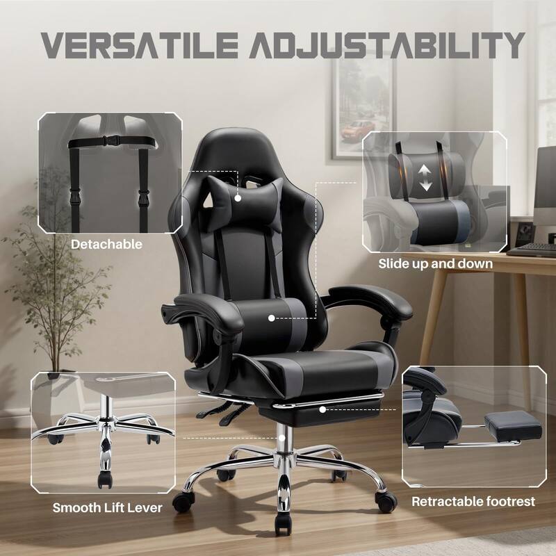 Ergonomic Faux Leather High Back Gaming Chair with Footrest & Linkage Armrests – Black & Gray for Adults