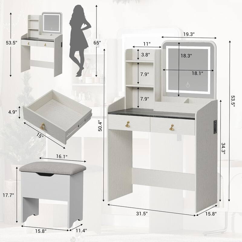 2 Drawers Makeup Vanity Table with LED Light Mirror and Charging Station