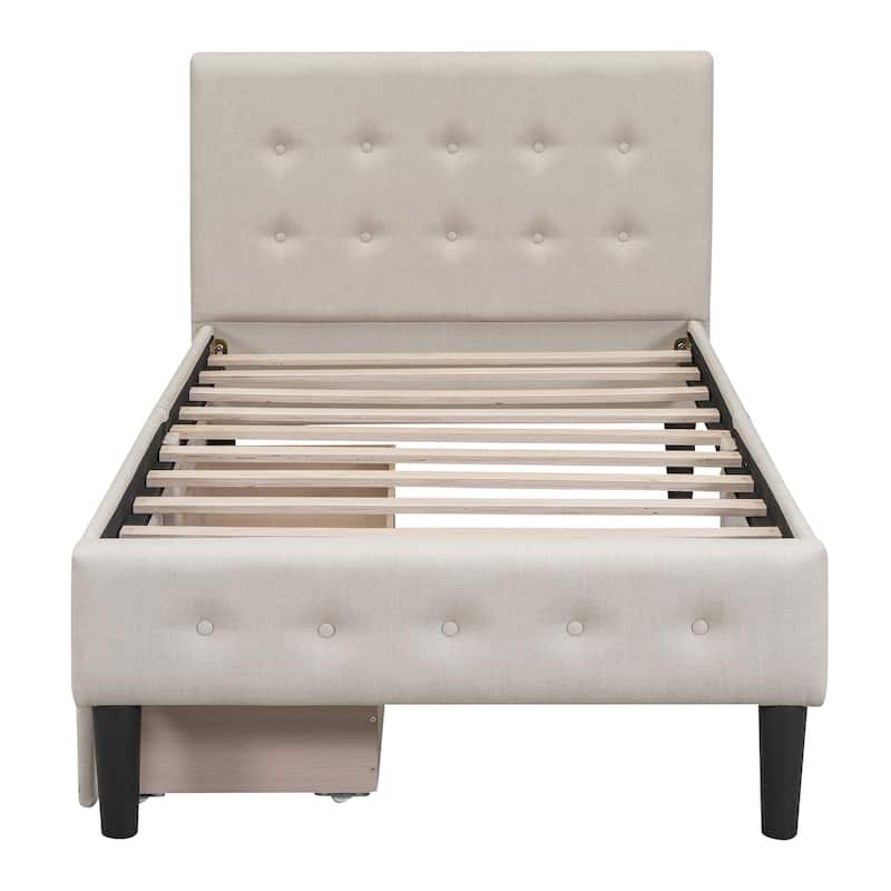 Twin Linen Platform Bed with Drawers & Tufted Headboard