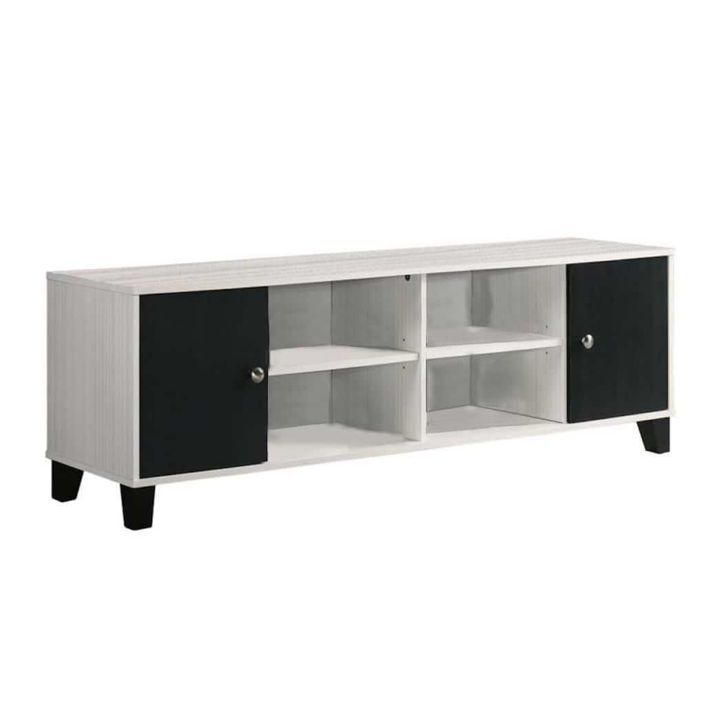Akin TV Stand Media Center, 2 Doors w 4 Open Shelves, White, Black Wood