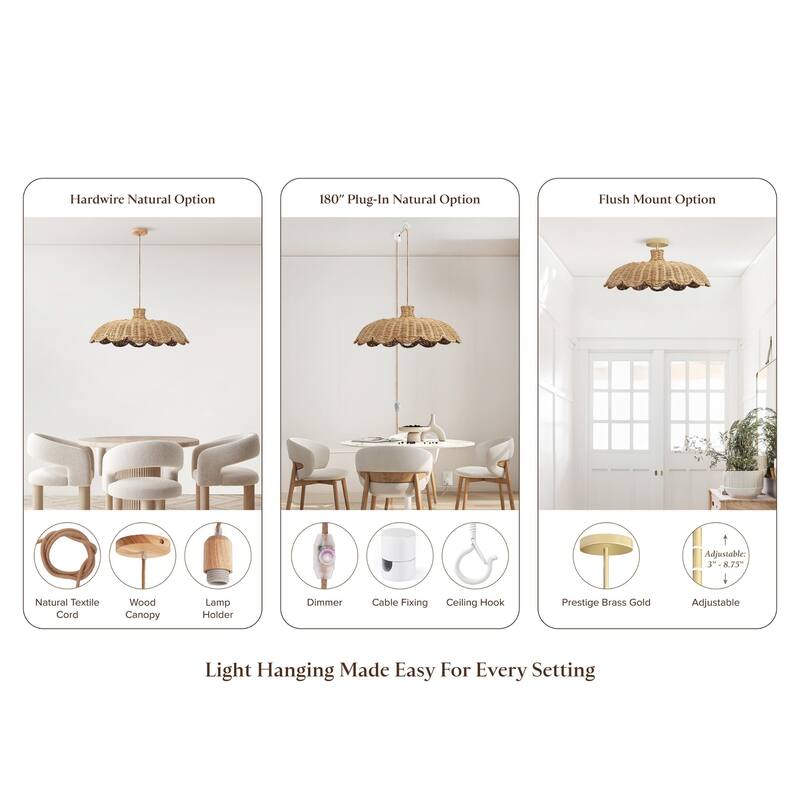 Aurelia Rattan Pendant Light - Natural Hardwired Light Fixture for Kitchen Island or Dining Room in Boho or Coastal Style