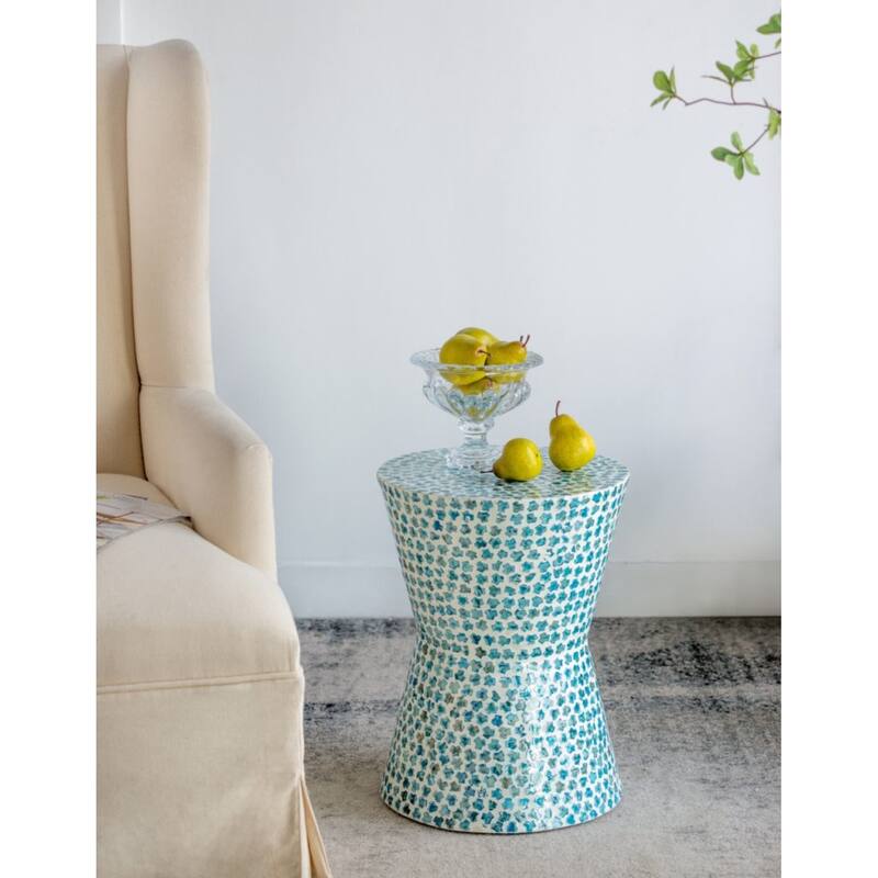 Tapered Round Capiz Shell Inlay Accent Stool - 19.75" - Blue and White