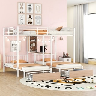 White Full Over Twin & Twin Metal Bunk Bed with 2 Drawers, Desks and 3 Shelves, Full-length Guardrail