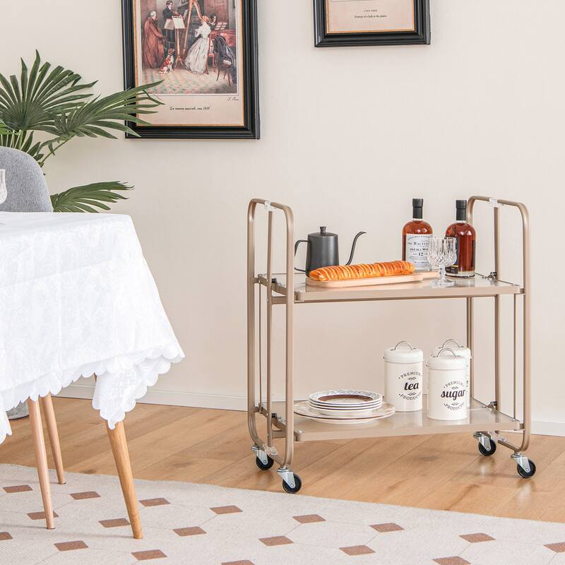 2-Tier Mobile Serving Cart with Tempered Glass Shelf-Golden - 26" x 16" x 28.5"