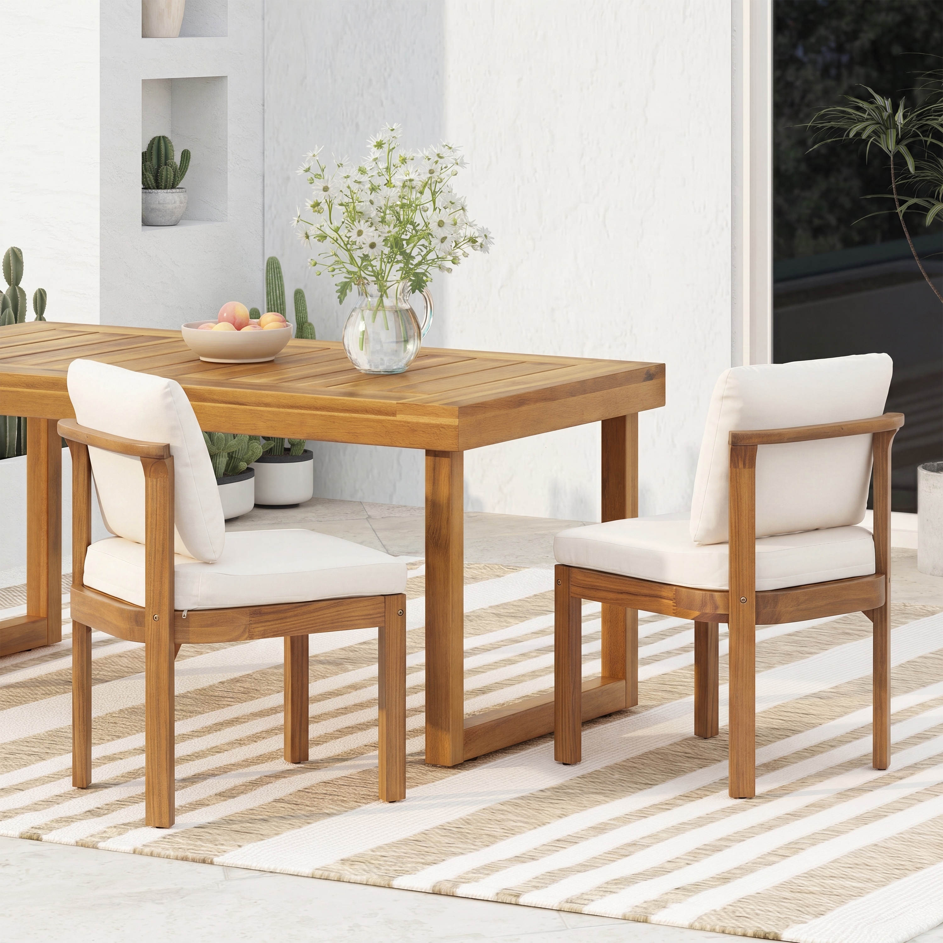 Wood Outdoor Dining Chair Set of 2 Armless Chair with Wood Frame, Cream Teak Side Chair Leisure Chair Reading Chair