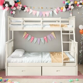 Twin Over Full Wooden Bunk Bed with Storage Drawers,Ladder