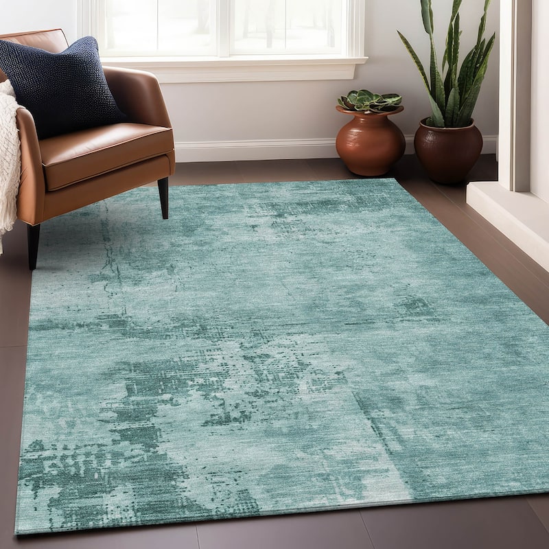 Machine Washable Indoor/ Outdoor Abstract Modern Chantille Rug - Teal - 3' x 5'