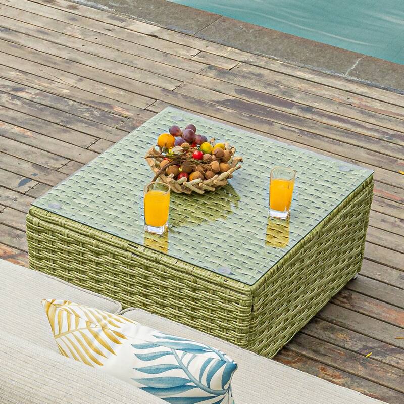 COSIEST Outdoor Furniture Wicker Glass-Top Coffee Table