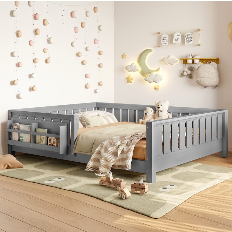 Low Profile Montessori Bed Floor Platform Bed with Fence and Bookshelf