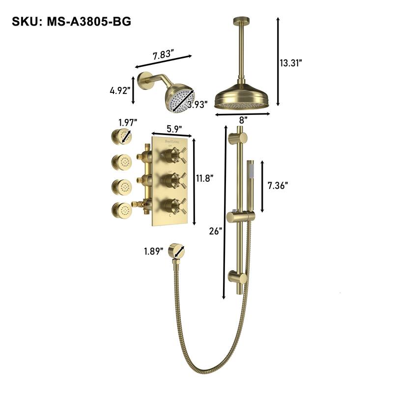 8-In Ceiling Mounted Shower System with Sliding Bar and 4 Body Sprays
