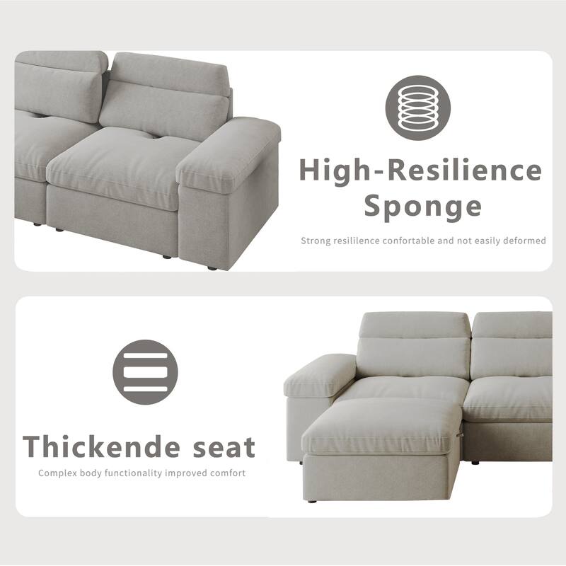 Down Filling Upholstered L-shaped Sectional Sofa with Storage Ottoman and Armrests, Chaise Modular Couch with Adjusted Backrest