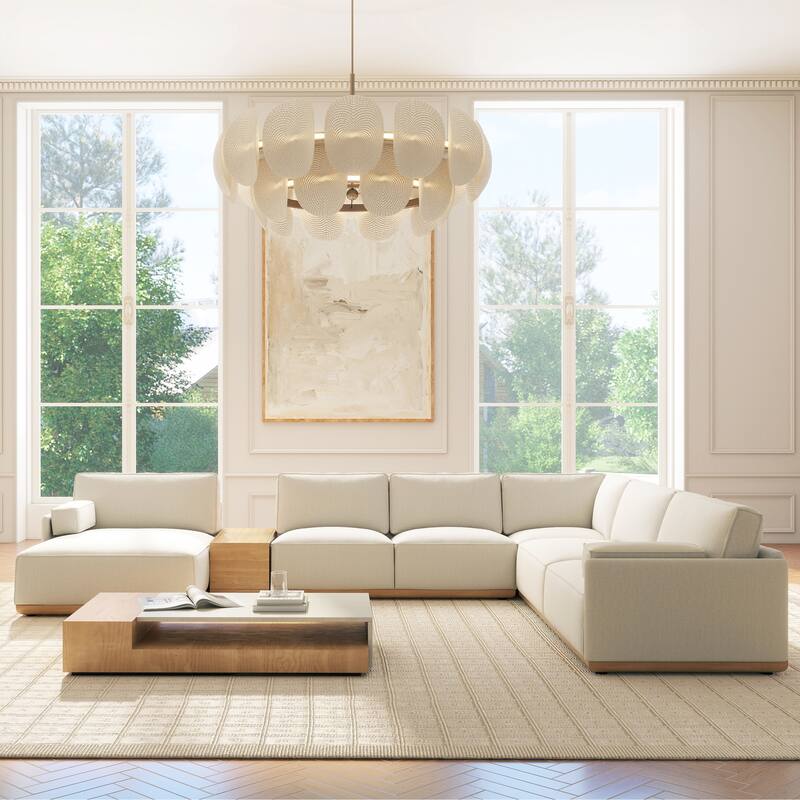 Destin 164" Chaise Sectional Sofa with Bolster Pillows and Wood Storage Console - Lunar Gray-White Chenille - Left Facing