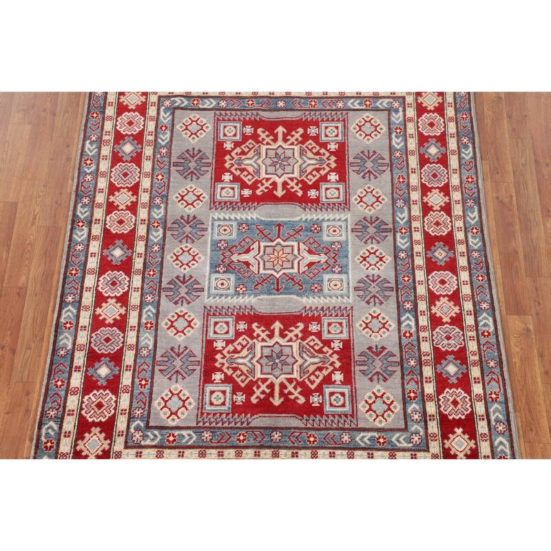 Kazak Oriental Area Rug Hand-Knotted Traditional Grey Wool Carpet - 5'0" x 6'7"