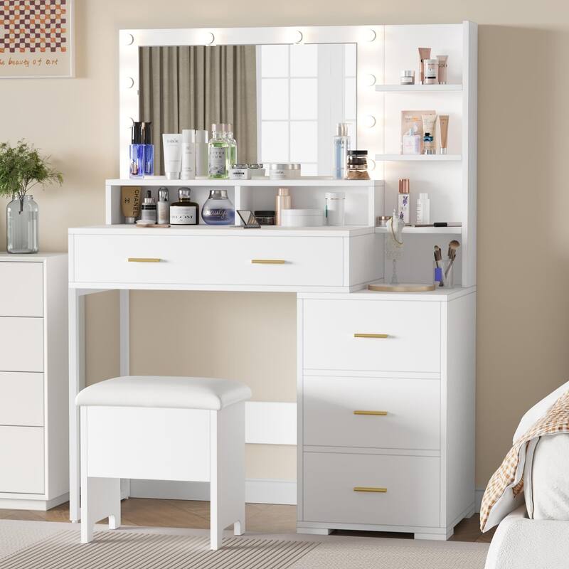 Makeup Vanity Desk with Mirror & 9 LED Light Bulbs - White_5-drawer - 5-drawer