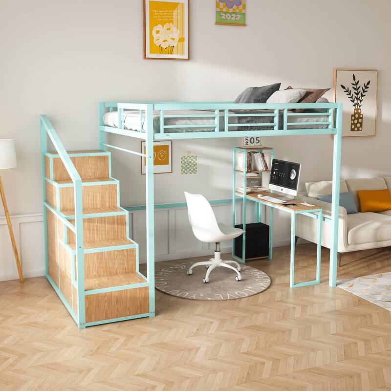Full Size Iron Loft Bed with Desk and Charging Station, Heavy Duty Metal Loftbed Frame, Full Size High Loft Bed with Storage