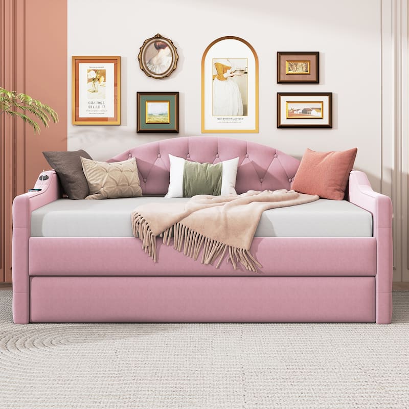 Wooden Slat Daybed Frame, Tufted Upholstered Sofabed with Trundle Bed, USB & Type-C Charging Ports on Armrest, Velvet Panel Bed - Pink - Twin