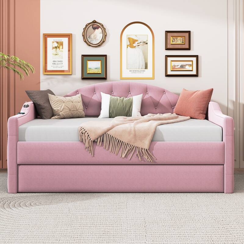 Twin Size Upholstered Velvet Daybed with Trundle, Tufted Backrest & Charging Ports - Space-Saving, No Box-Spring