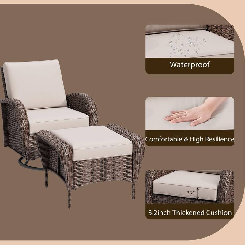 EROMMY Outdoor Wicker Patio Set with Swivel Chairs, Sofa, Ottomans and Tables, All-Weather Conversation Furniture for backyard.