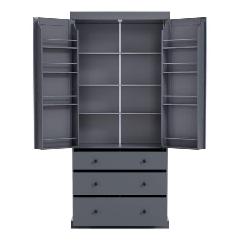 77" Farmhouse-Style Freestanding Pantry – Spacious Kitchen Storage Cabinet with 3 Adjustable Shelves, 8 Door Racks & 3 Drawers.