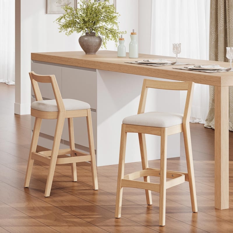 Jasper Indoor Rubberwood Bar Stools with Beige Upholstery and Dark Brown Finish, Set of 2 - Natural+Beige