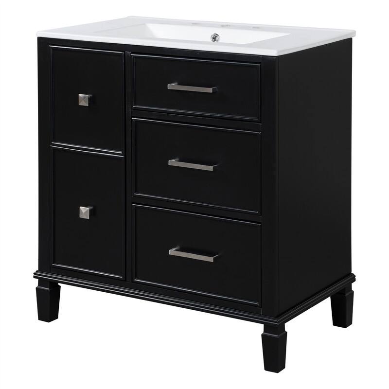 30'' Bathroom Vanity with Ceramic Sink, Freestanding Bathroom Vanity Cabinet with 3 Soft Close Drawers and 1 Flip-Out Drawer