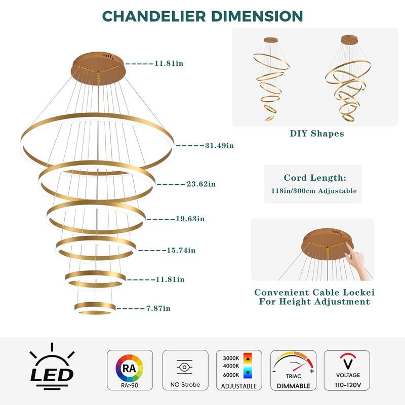 Modern Ring LED Chandelier Ring Adjustable Ceiling Light with Remote Control for High Ceilings