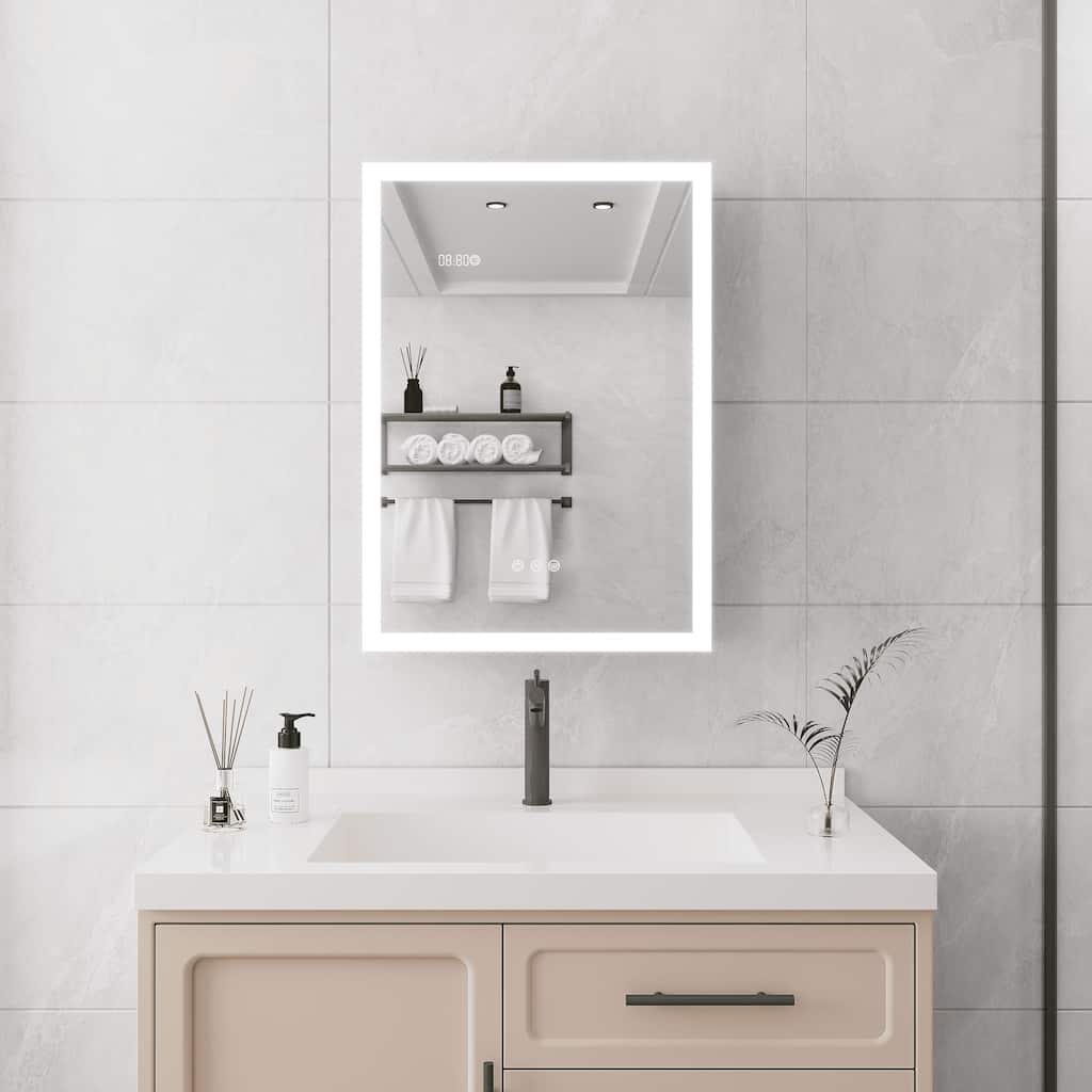 LED Lighted Medicine Cabinet with Mirror, Adjustable Brightness & Color Temperature, Defogger, Digital Clock - 28X20 in