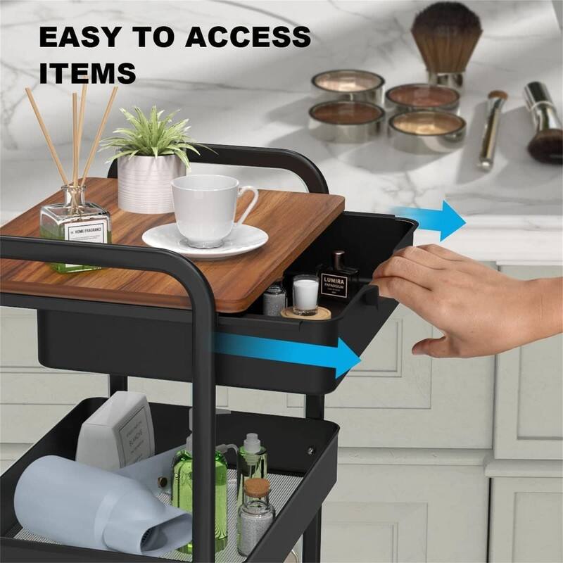 3 Tier Rolling Cart with Drawer - 12"D x 4"W x 17"H