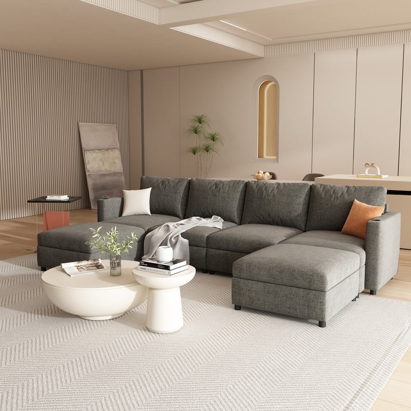 Modern U-Shape 6-Seater Sectional Sofa Bed with Storage Ottomans, Chenille Fabric