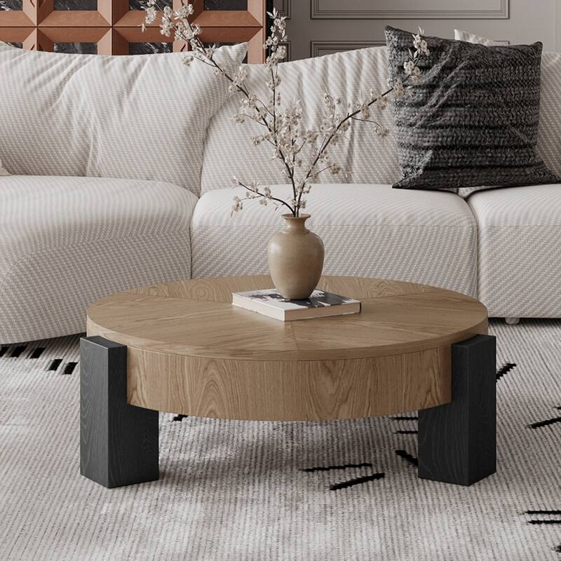 33" Round Coffee Table with Hidden Storage, Parquet Veneer Top Table, 3 Block Legs Sturdy Center Accent Table for Living Room