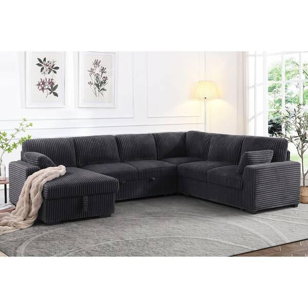 Oversized Upholstered Corduroy Sleeper Sectional Sofa With Storage Chaise
