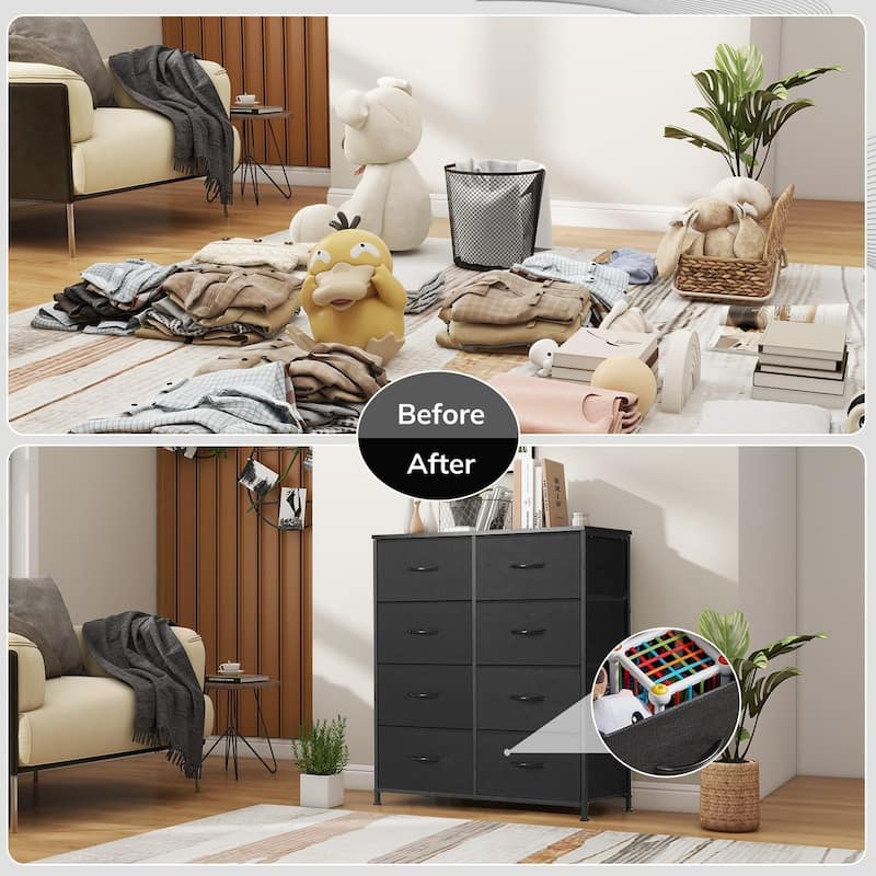 Dresser for Bedroom with 8 Drawers, Anti-Tip Tall Fabric Chests Storage Organizer Tower Furniture with Wooden Top Metal Frame