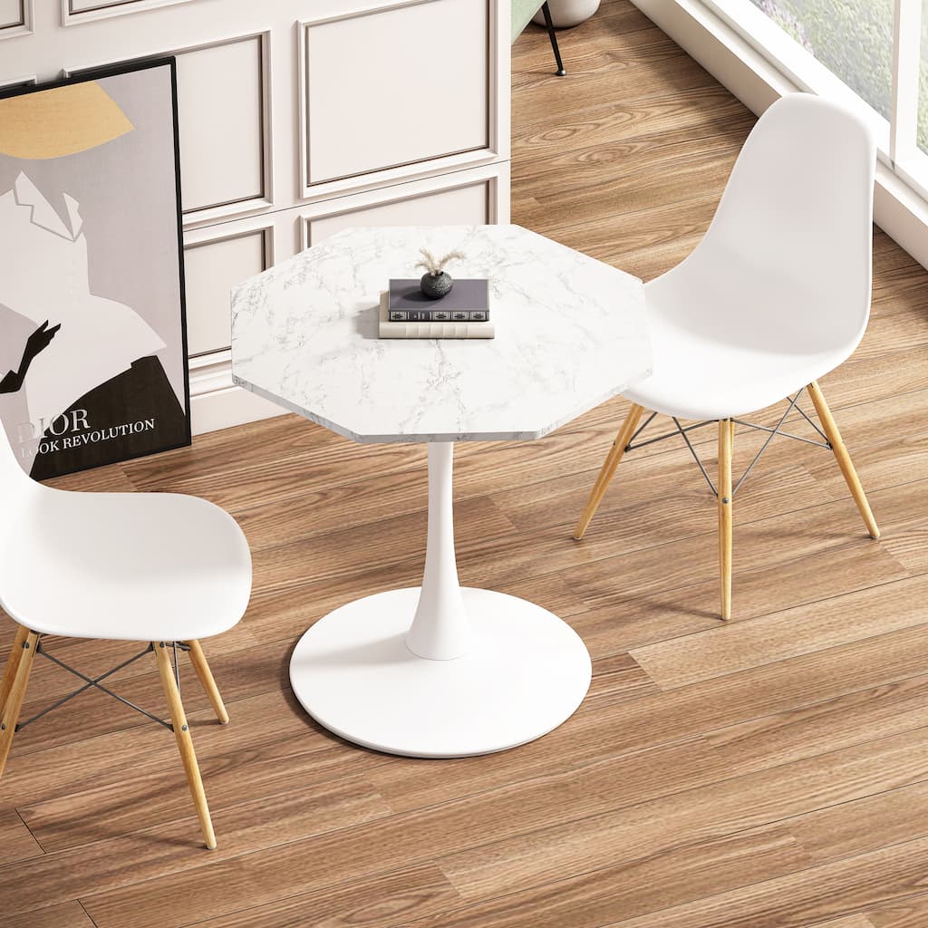 Modern Octagonal Coffee Table with Printed White Marble Table Top, Metal Base