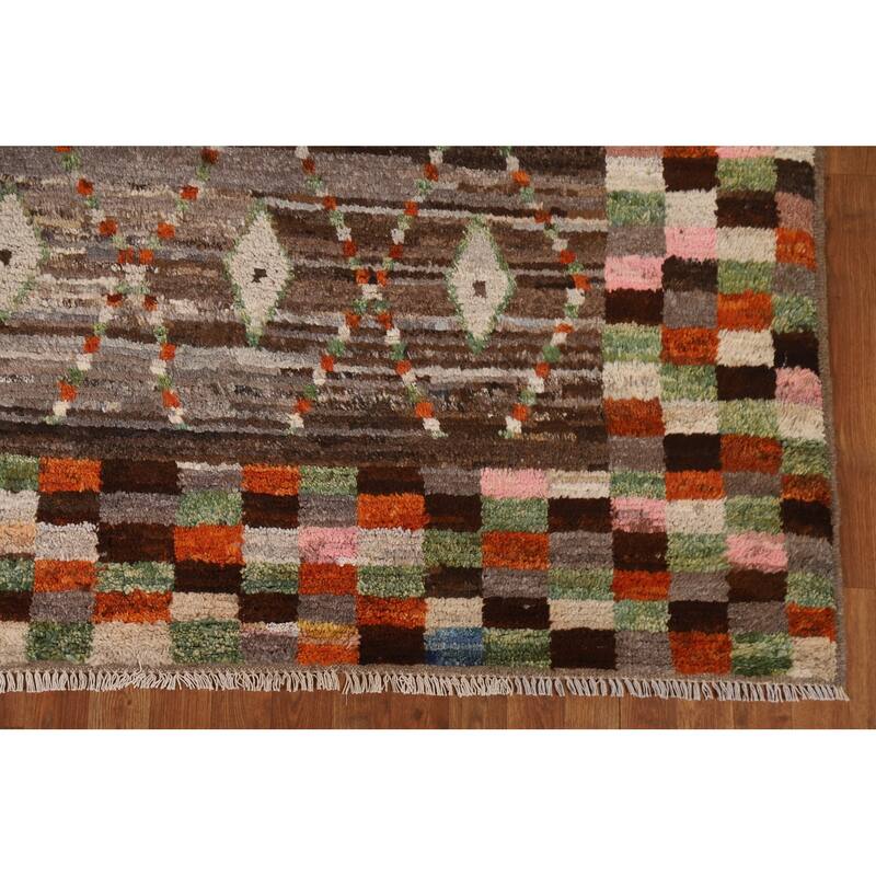 Hand Knotted Oriental 100% Wool Carpet Tribal Checkered Brown Moroccan Area Rug - 9' 10'' X 6' 10''