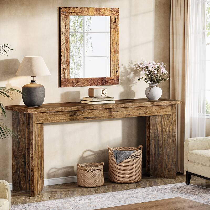 70.9'' Wood Farmhouse Sofa Console Table with Pedestal for Entryway - Brown