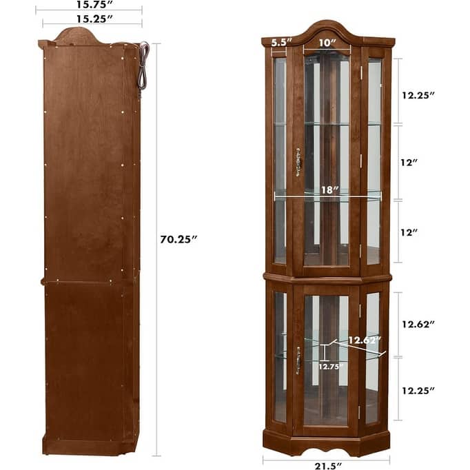 Display Cabinet Corner Curio Cabinet with Lights, Adjustable Tempered Glass Shelves