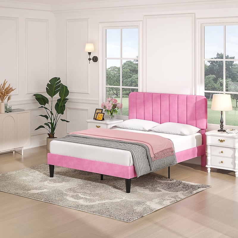 VECELO Velvet Upholstered Bed Frame with Vertical Channel Tufted Headboard, Adjustable Headboard, Wooden Slats Support