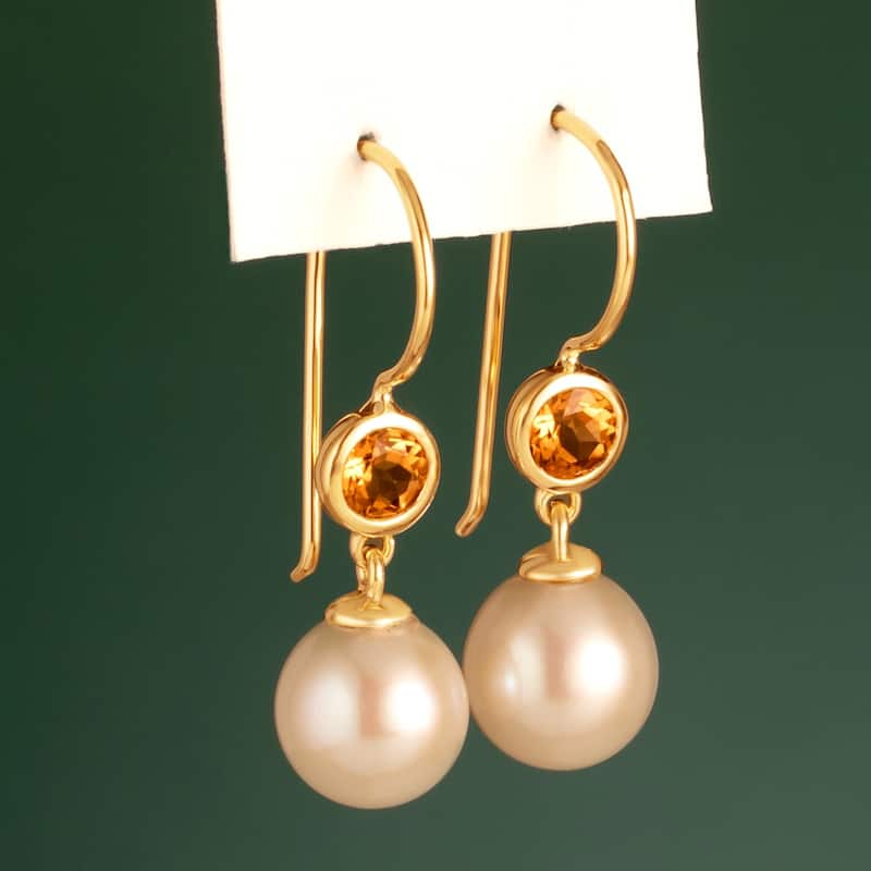 14k Yellow Gold Freshwater Pearl and Citrine Birthstone Drop Earrings