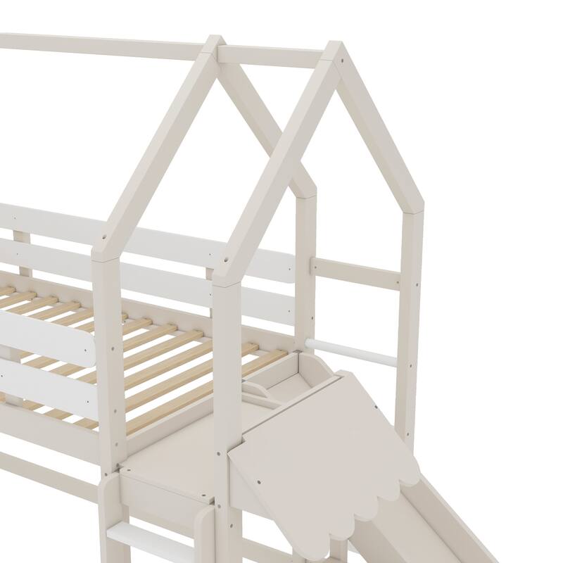 Twin Loft Bed with Slide, Bookshelf & House-Shaped Design for Kids
