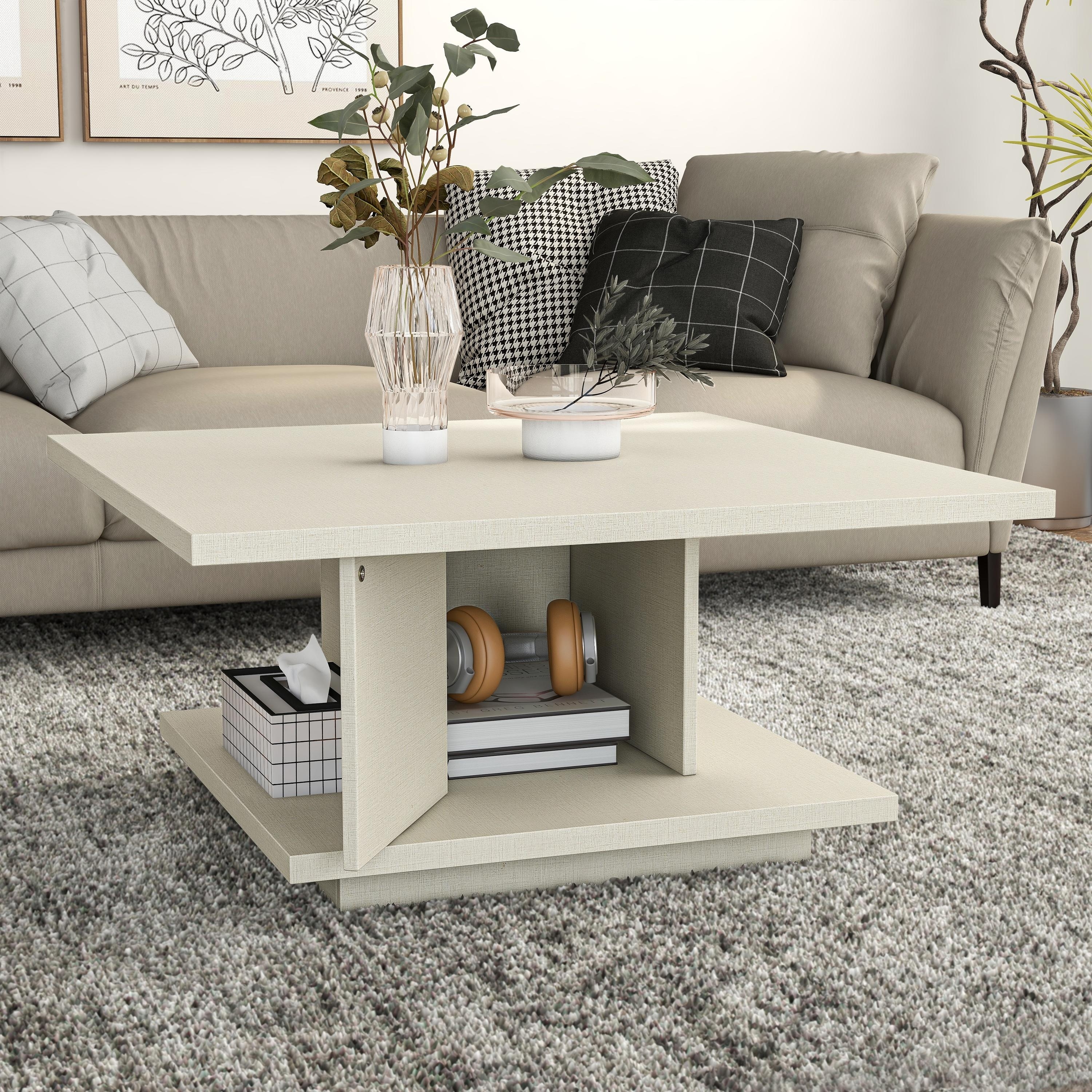 Strick & Bolton Ross Modern Square Coffee Table with Wrap Around Base Shelf and Hidden Storage