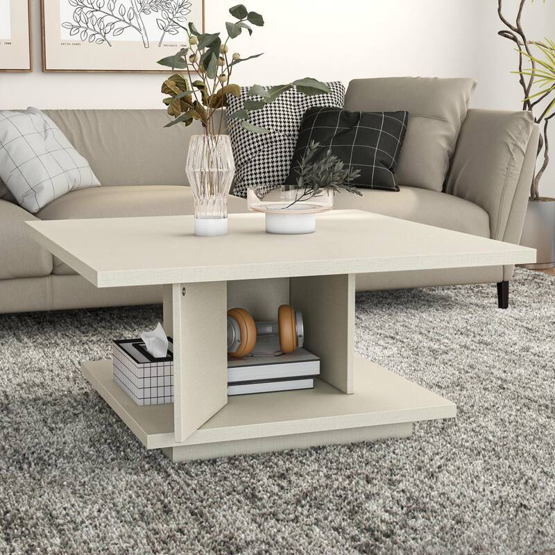 Ross Modern Square Coffee Table with Wrap Around Base Shelf and Hidden Storage by Strick & Bolton - 31-inch - Cream Weave