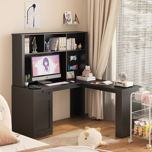 Modern Corner L Shaped Desk with Bookshelf Hutch Outlet Drawers Study Table Writing Desk with Storage Black Bed Bath Beyond 42407741