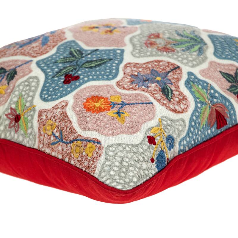 Hand Embroidered Floral Square Throw Pillow - 18" - Multicolor