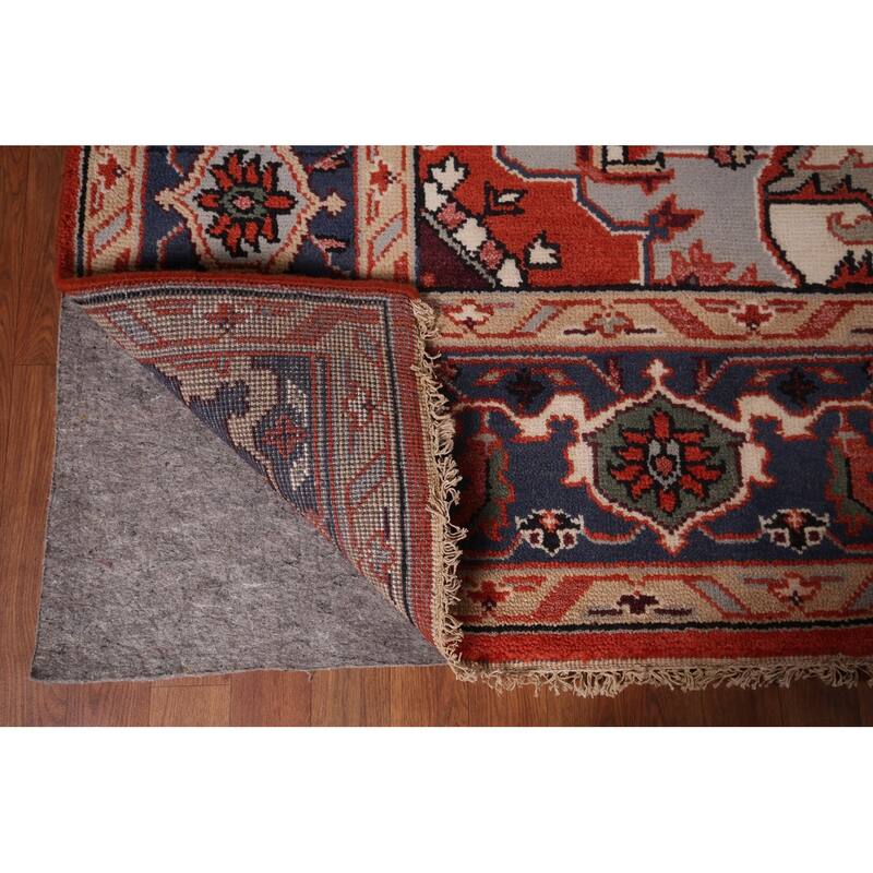 Orange Geometric Heriz Serapi Indian Area Rug Hand-Knotted Wool Carpet - 9'0"x 11'9"
