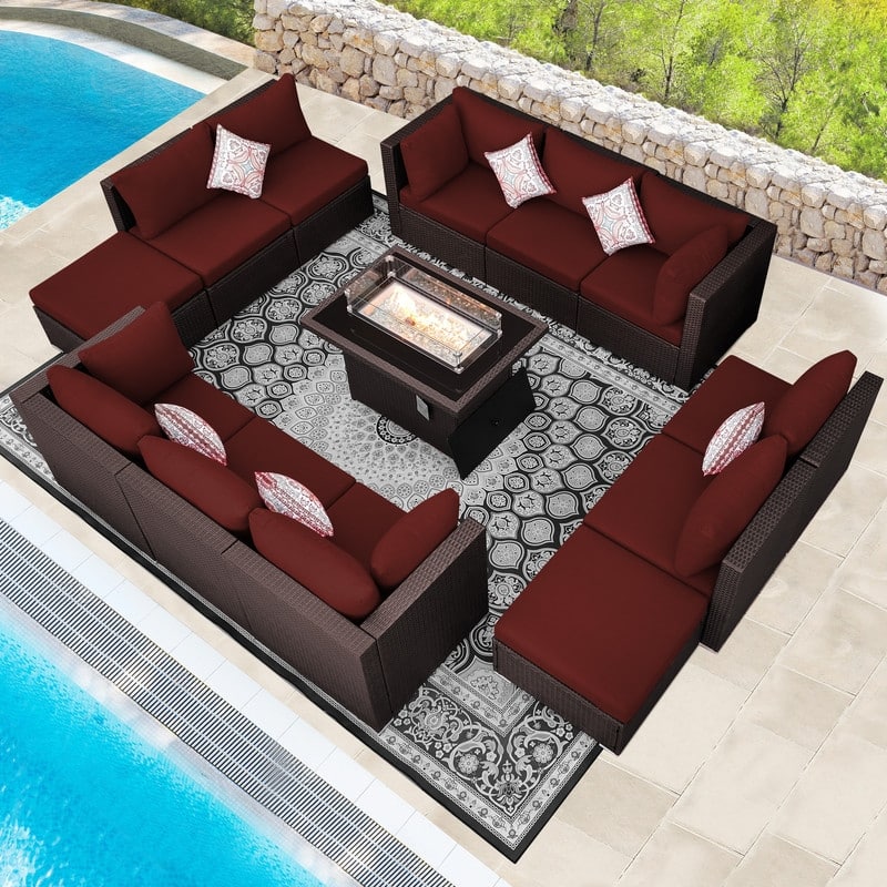 13-Piece Outdoor Wicker Patio Sectional Conversation Set with 43" CSA Fire Pit Table