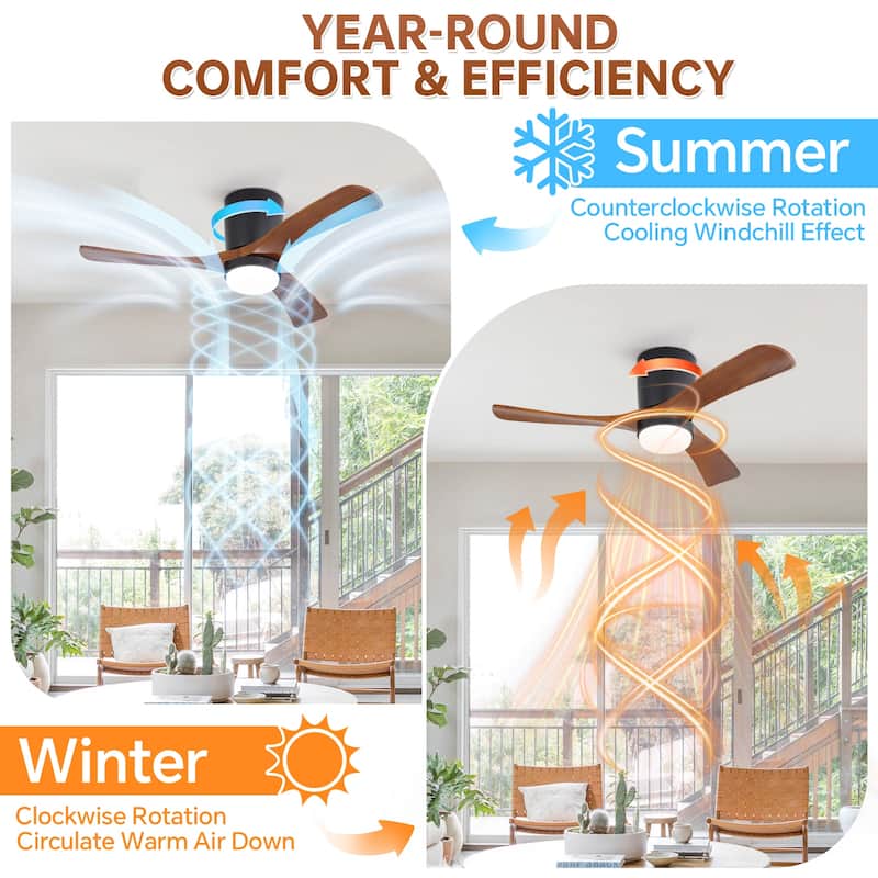 Sofucor 42" Low Profile Flush Mount Ceiling Fan with Lights Remote Control,with 3 Solid Wood Blades,Reversible,Dimmable