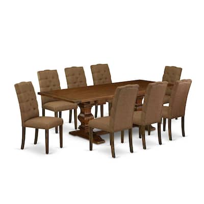 Vintage Dining Room Table Set 9-Piece with Chairs - Antique Walnut & Beige Fabric - Modern Kitchen Table Set - 92