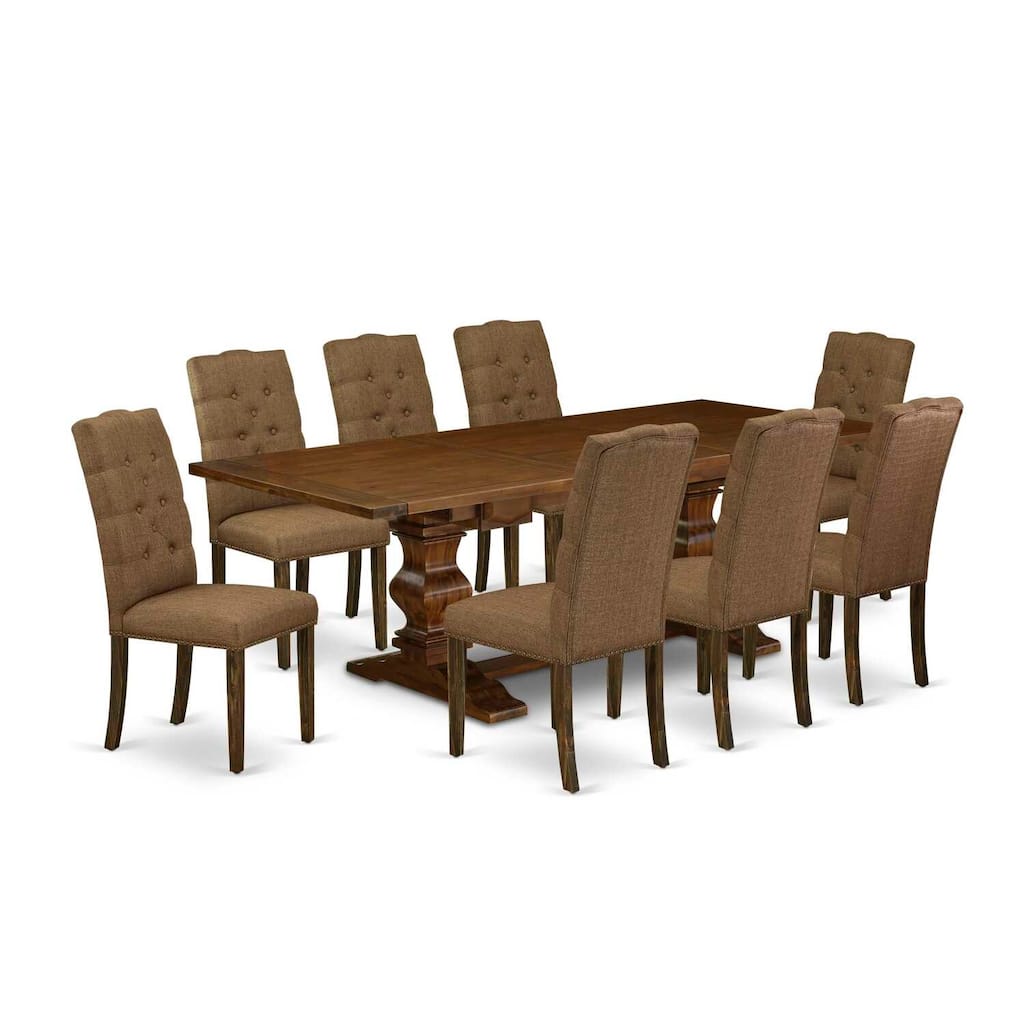Vintage Dining Room Table Set 9-Piece with Chairs - Antique Walnut & Beige Fabric - Modern Kitchen Table Set - 92