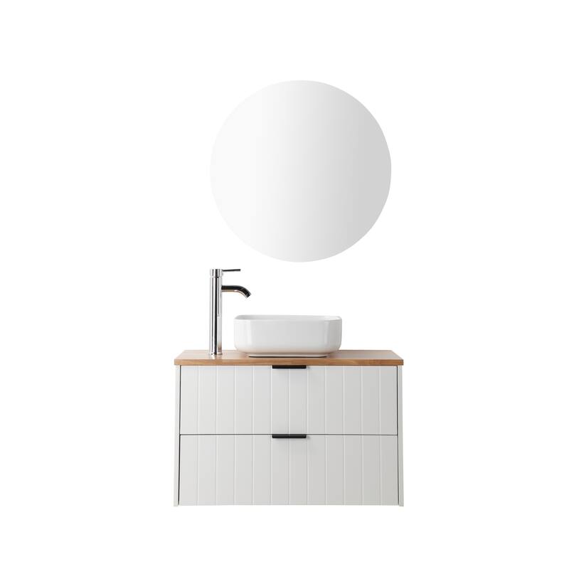 32 Inch White Wall Mount Bathroom Vanity with Double Drawers Solid Wood Top Square Ceramic Sink Modern Minimalist Design"